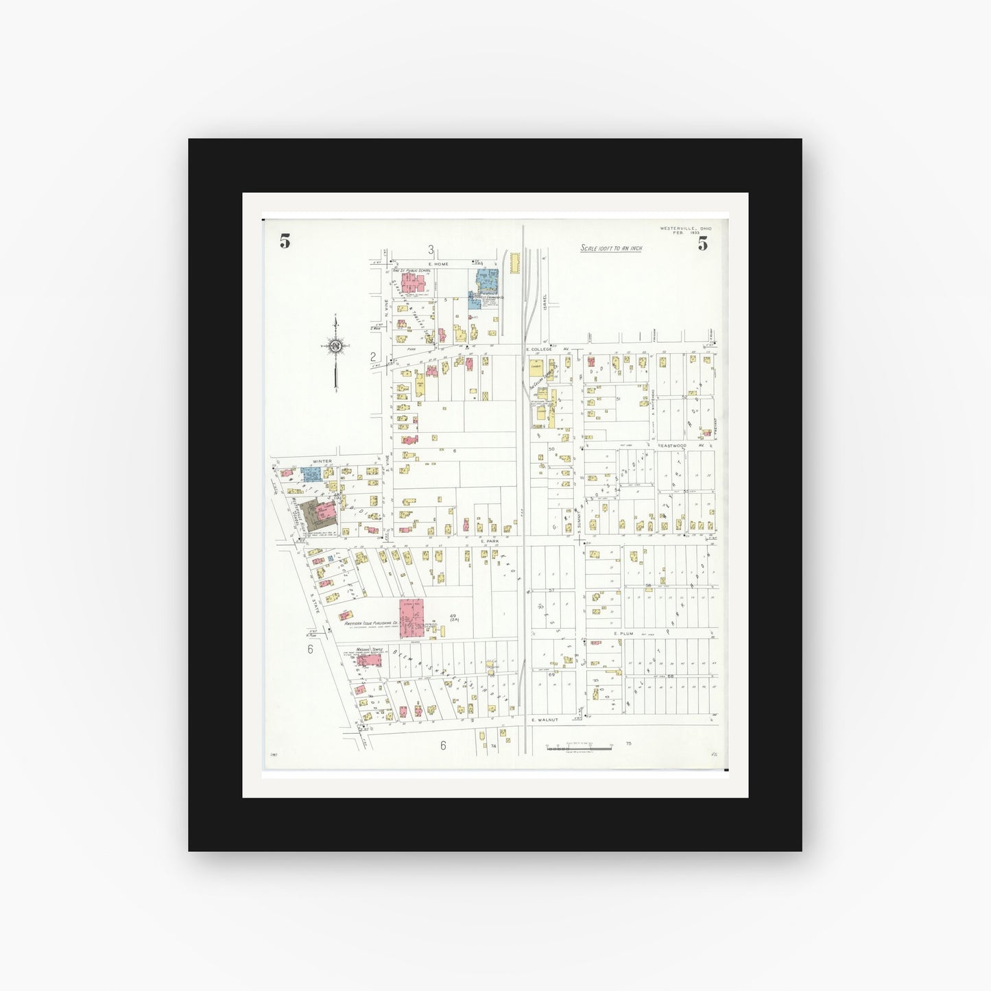 Old map wall art mockup — black gallery frame with white mat — Sanborn Fire Insurance Map from Westerville, Franklin County, Ohio (1933), Sheet #0005