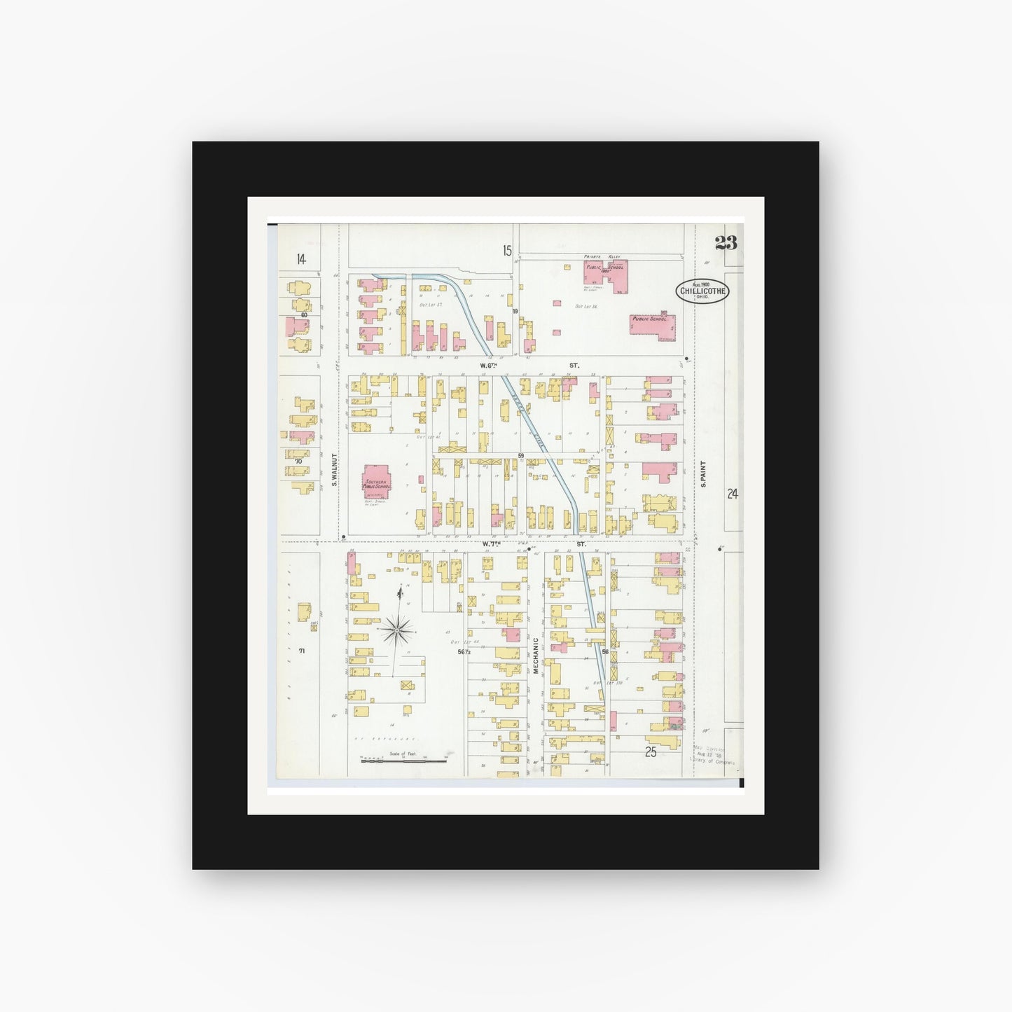 Old map wall art mockup — black gallery frame with white mat — Sanborn Fire Insurance Map from Chillicothe, Ross County, Ohio (1900), Sheet #0023