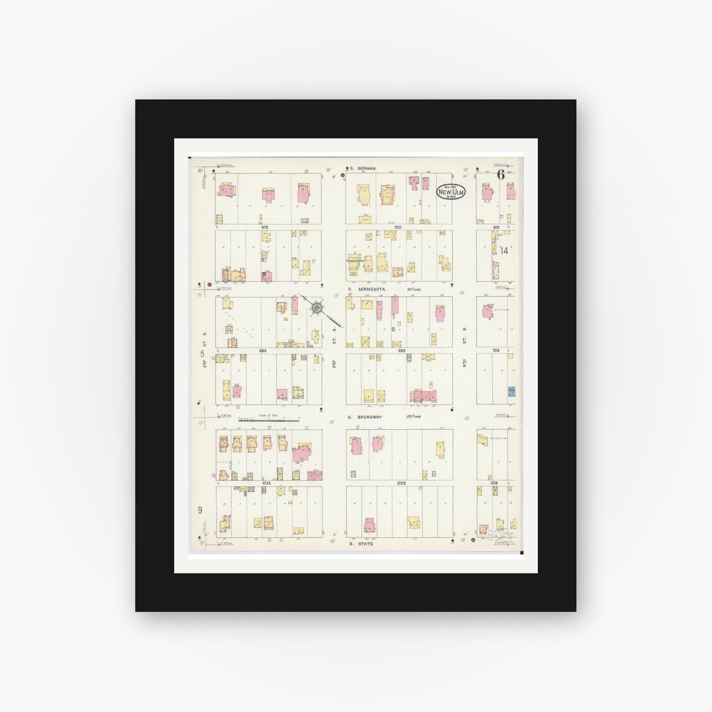 Old map wall art mockup — black gallery frame with white mat — Sanborn Fire Insurance Map from New Ulm, Brown County, Minnesota (1913), Sheet #0006