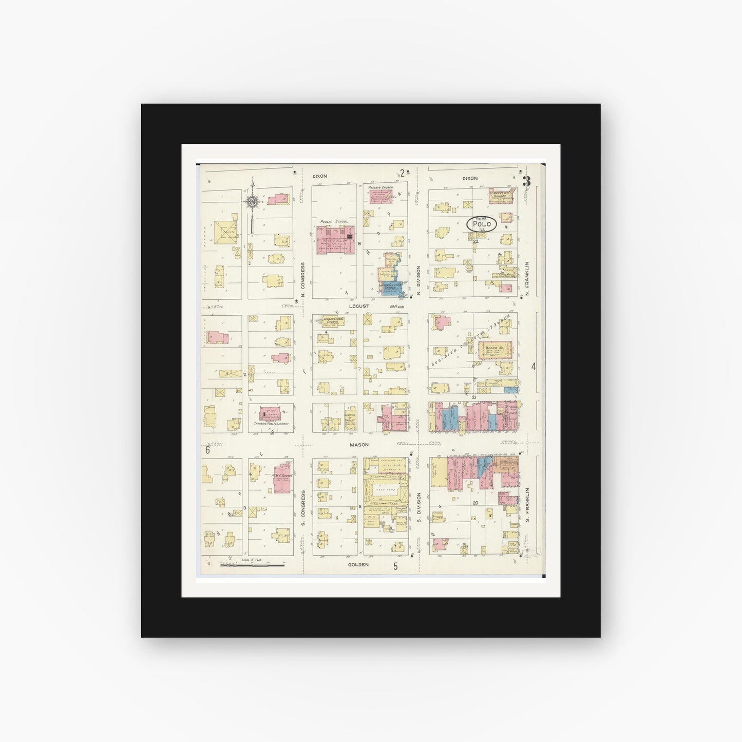 Old map wall art mockup — black gallery frame with white mat — Sanborn Fire Insurance Map from Polo, Ogle County, Illinois (1913), Sheet #0003