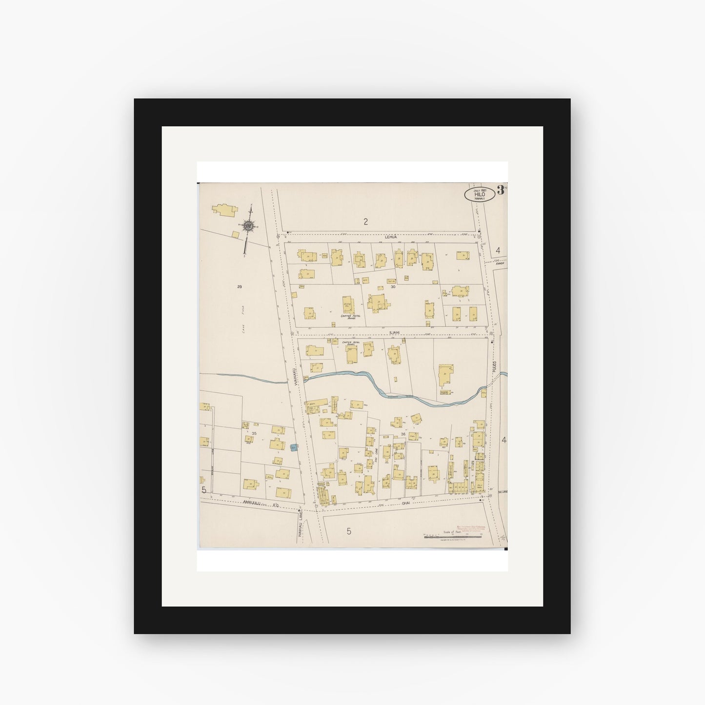 Old map wall art mockup — black gallery frame with white mat — Sanborn Fire Insurance Map from Hilo, Hawaii County, Hawaii (1921), Sheet #0003