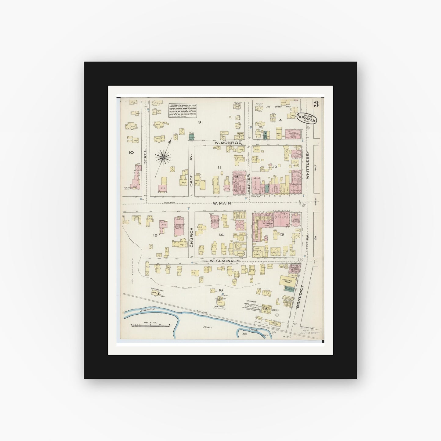 Old map wall art mockup — black gallery frame with white mat — Sanborn Fire Insurance Map from Norwalk, Huron County, Ohio (1884), Sheet #0003
