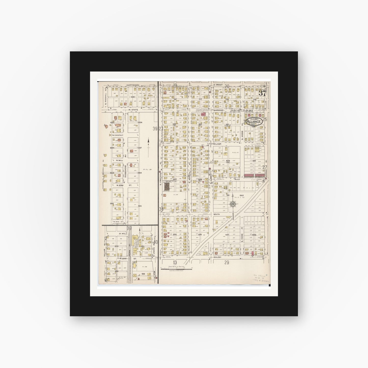Old map wall art mockup — black gallery frame with white mat — Sanborn Fire Insurance Map from Alliance, Stark County, Ohio (1921), Sheet #0037