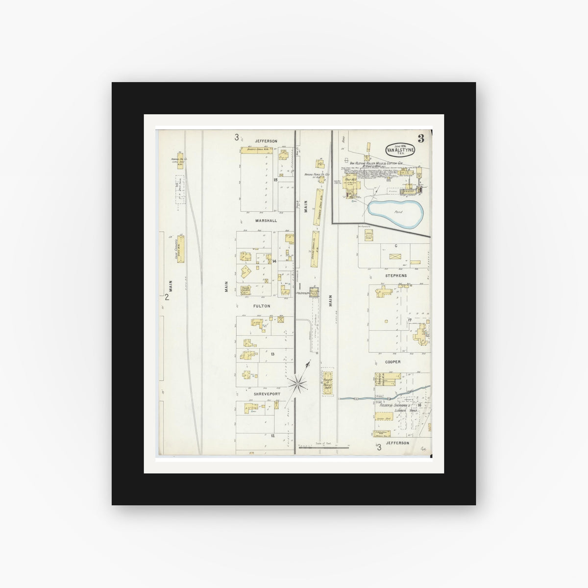 Old map wall art mockup — black gallery frame with white mat — Sanborn Fire Insurance Map from Van Alstyne, Grayson County, Texas (1896), Sheet #0003