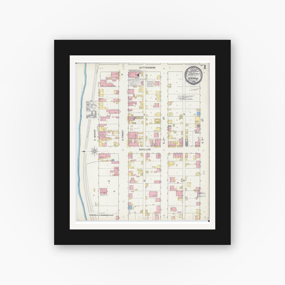 Old map wall art mockup — black gallery frame with white mat — Sanborn Fire Insurance Map from Hermann, Gasconade County, Missouri (1892), Sheet #0001
