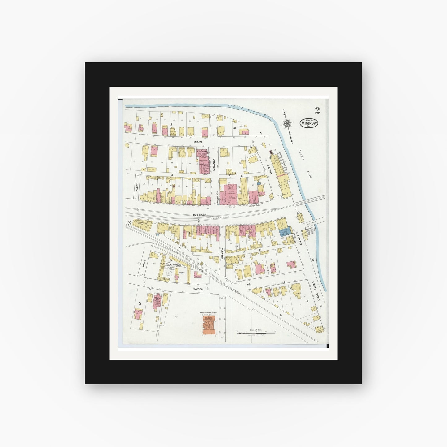 Old map wall art mockup — black gallery frame with white mat — Sanborn Fire Insurance Map from Morrow, Warren County, Ohio (1919), Sheet #0002