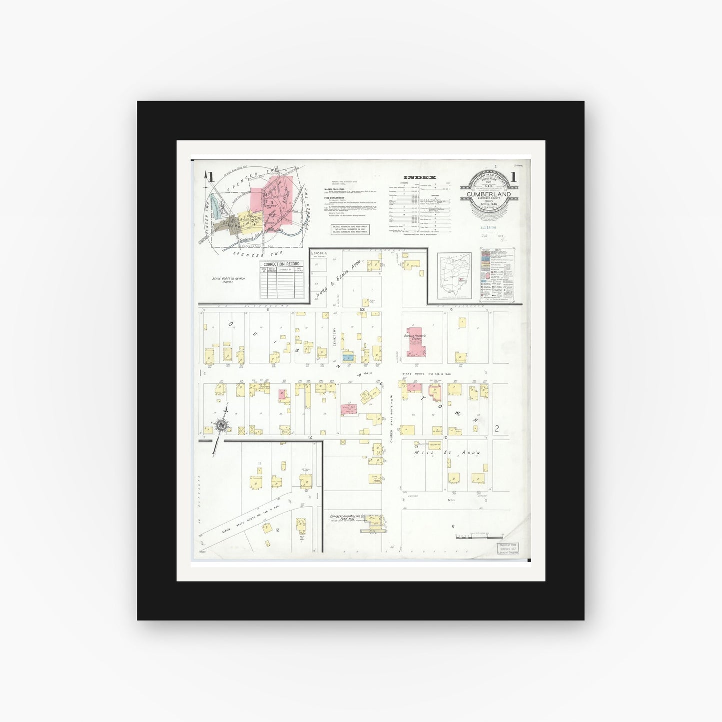 Old map wall art mockup — black gallery frame with white mat — Sanborn Fire Insurance Map from Cumberland, Guernsey County, Ohio (1946), Sheet #0001