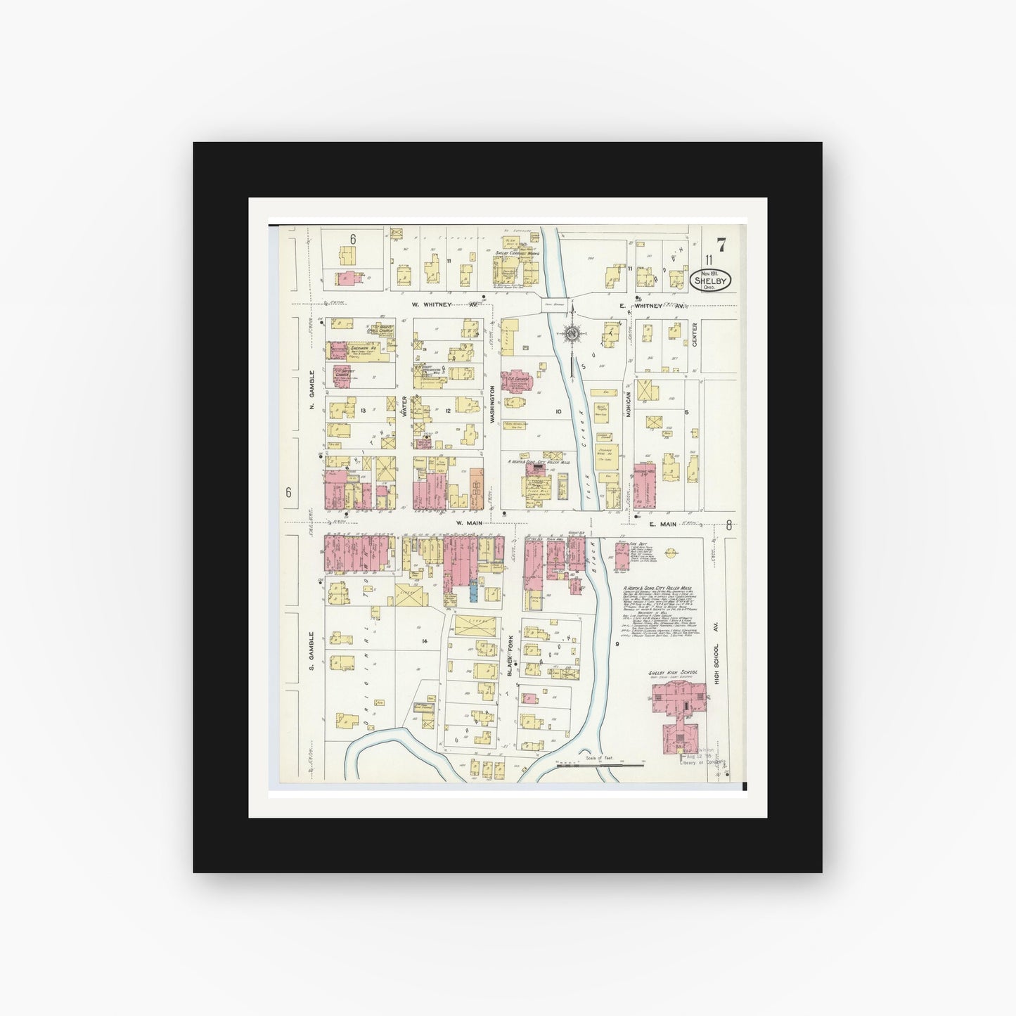 Old map wall art mockup — black gallery frame with white mat — Sanborn Fire Insurance Map from Shelby, Richland County, Ohio (1911), Sheet #0007