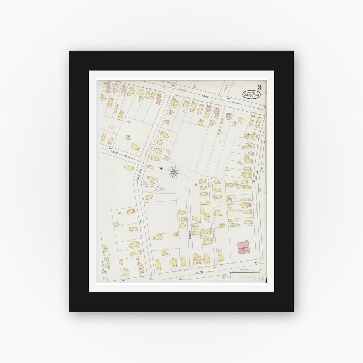 Old map wall art mockup — black gallery frame with white mat — Sanborn Fire Insurance Map from Glens Falls, Warren County, New York (1895), Sheet #0003