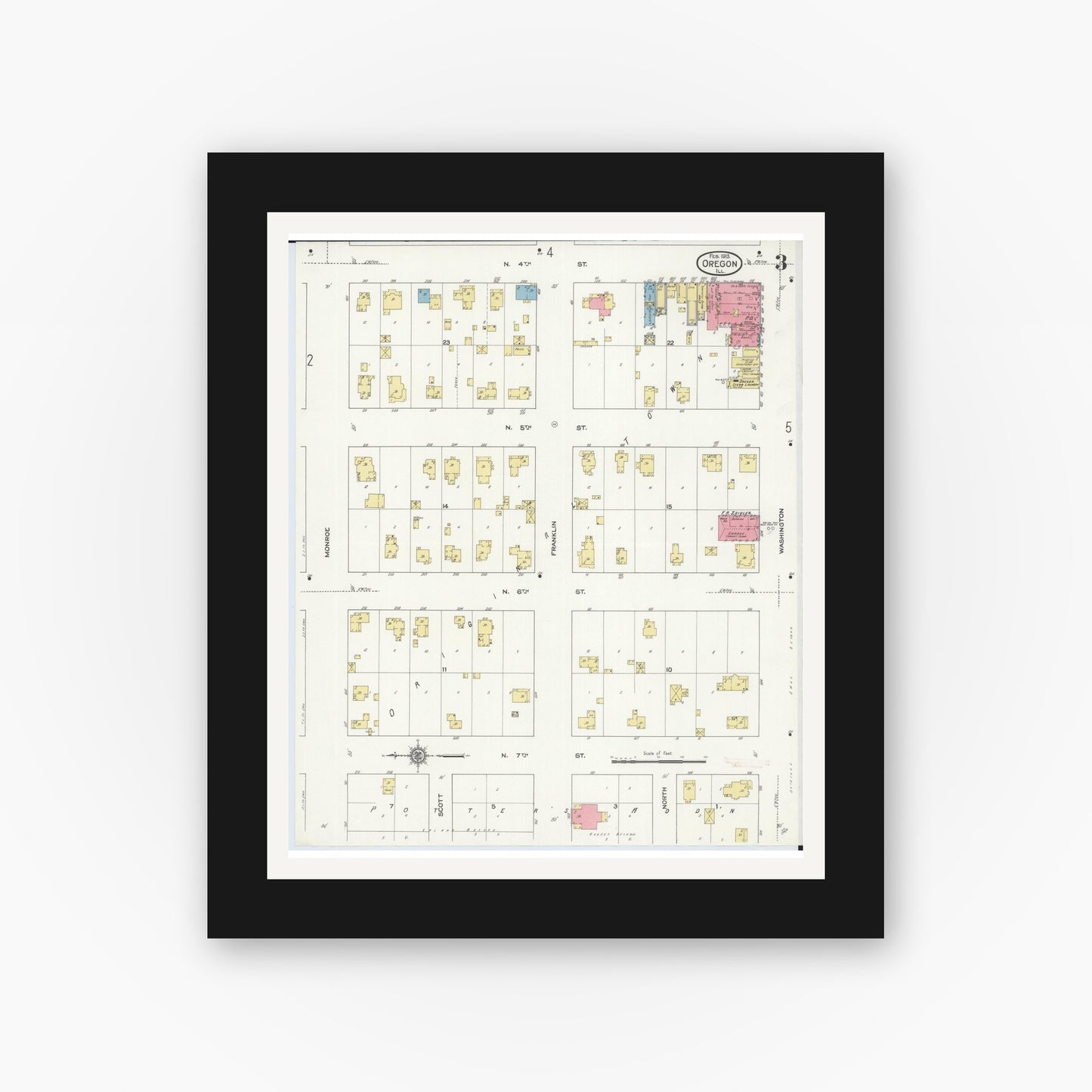 Old map wall art mockup — black gallery frame with white mat — Sanborn Fire Insurance Map from Oregon, Ogle County, Illinois (1913), Sheet #0003