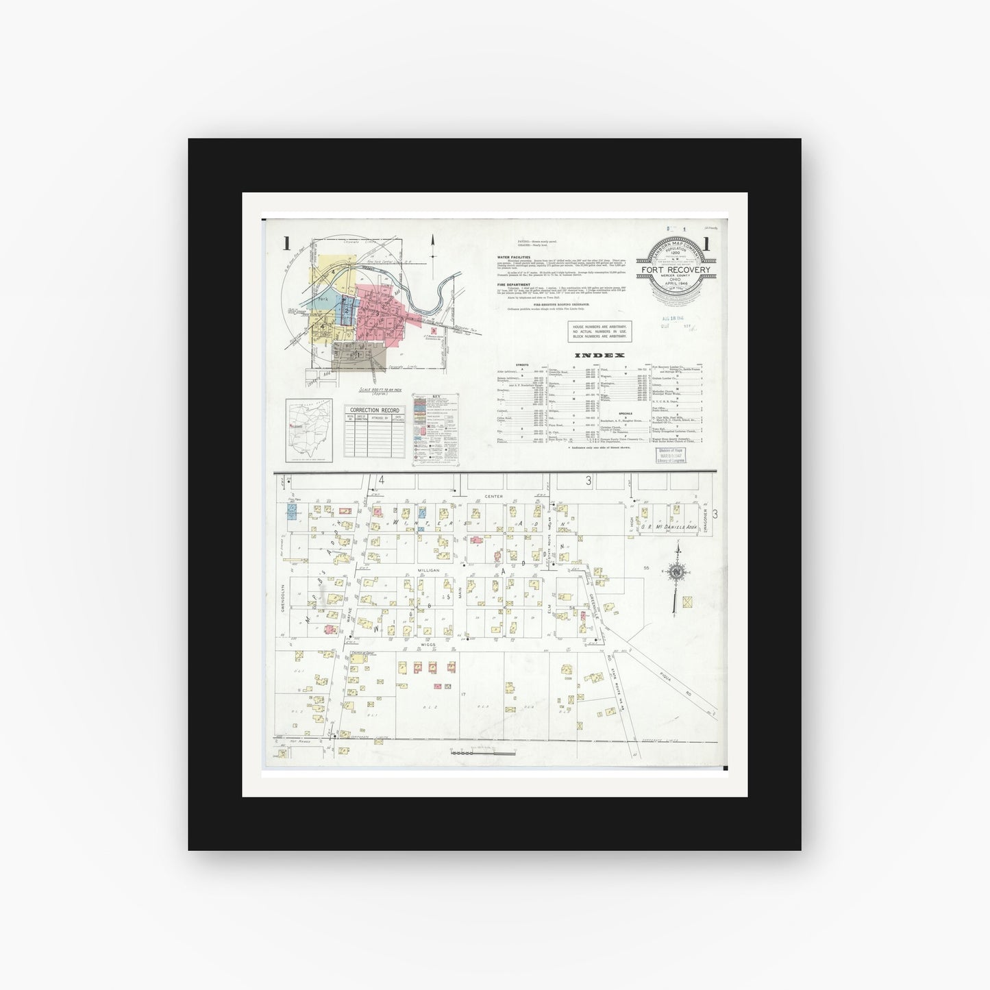 Old map wall art mockup — black gallery frame with white mat — Sanborn Fire Insurance Map from Fort Recovery, Mercer County, Ohio (1946), Sheet #0001