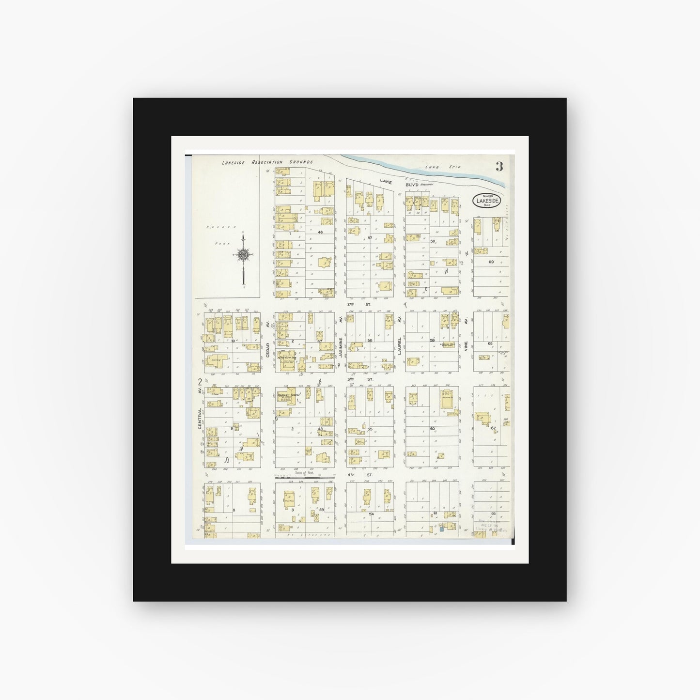 Old map wall art mockup — black gallery frame with white mat — Sanborn Fire Insurance Map from Lakeside, Ottawa County, Ohio (1910), Sheet #0003