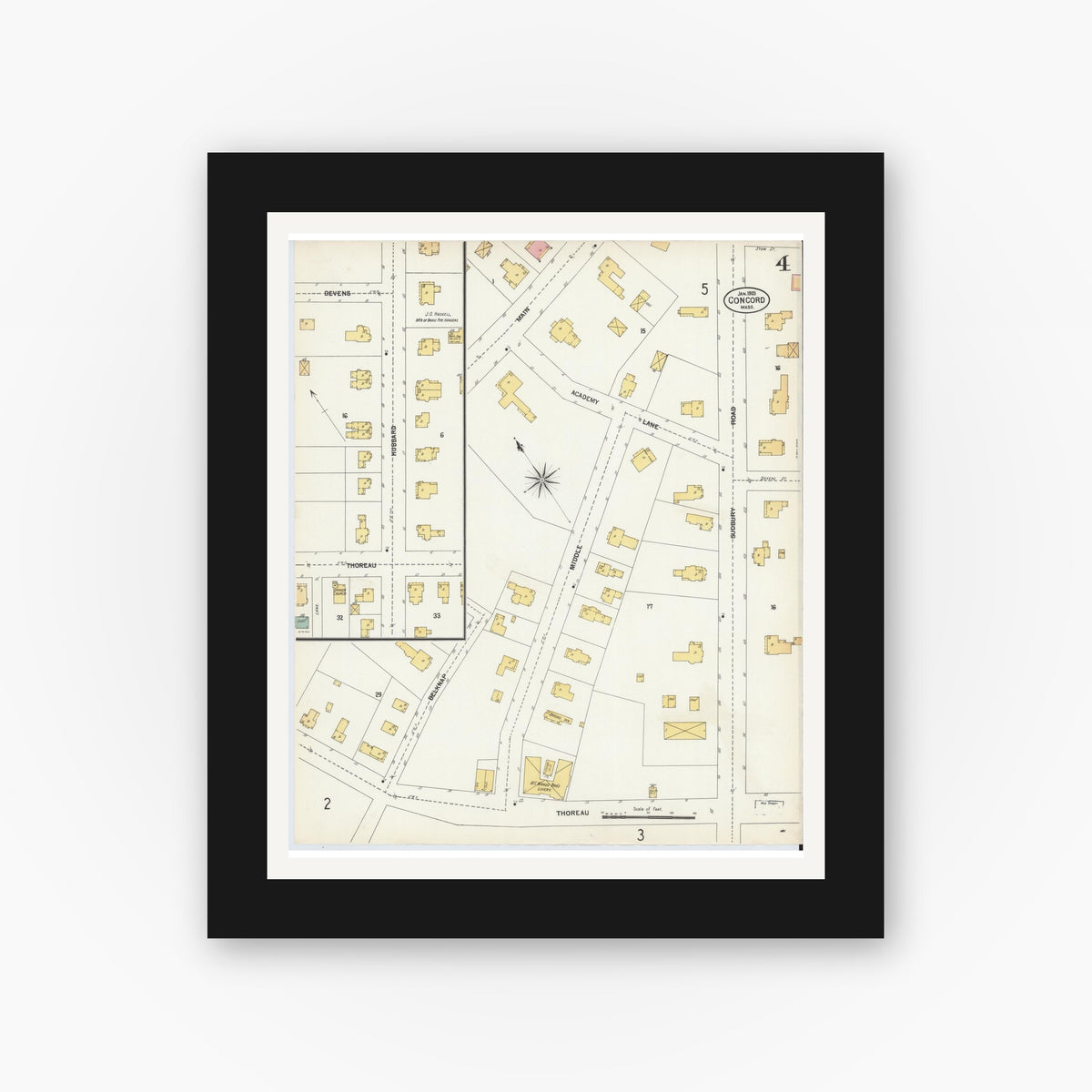 Old map wall art mockup — black gallery frame with white mat — Sanborn Fire Insurance Map from Concord, Middlesex County, Massachusetts (1903), Sheet #0004