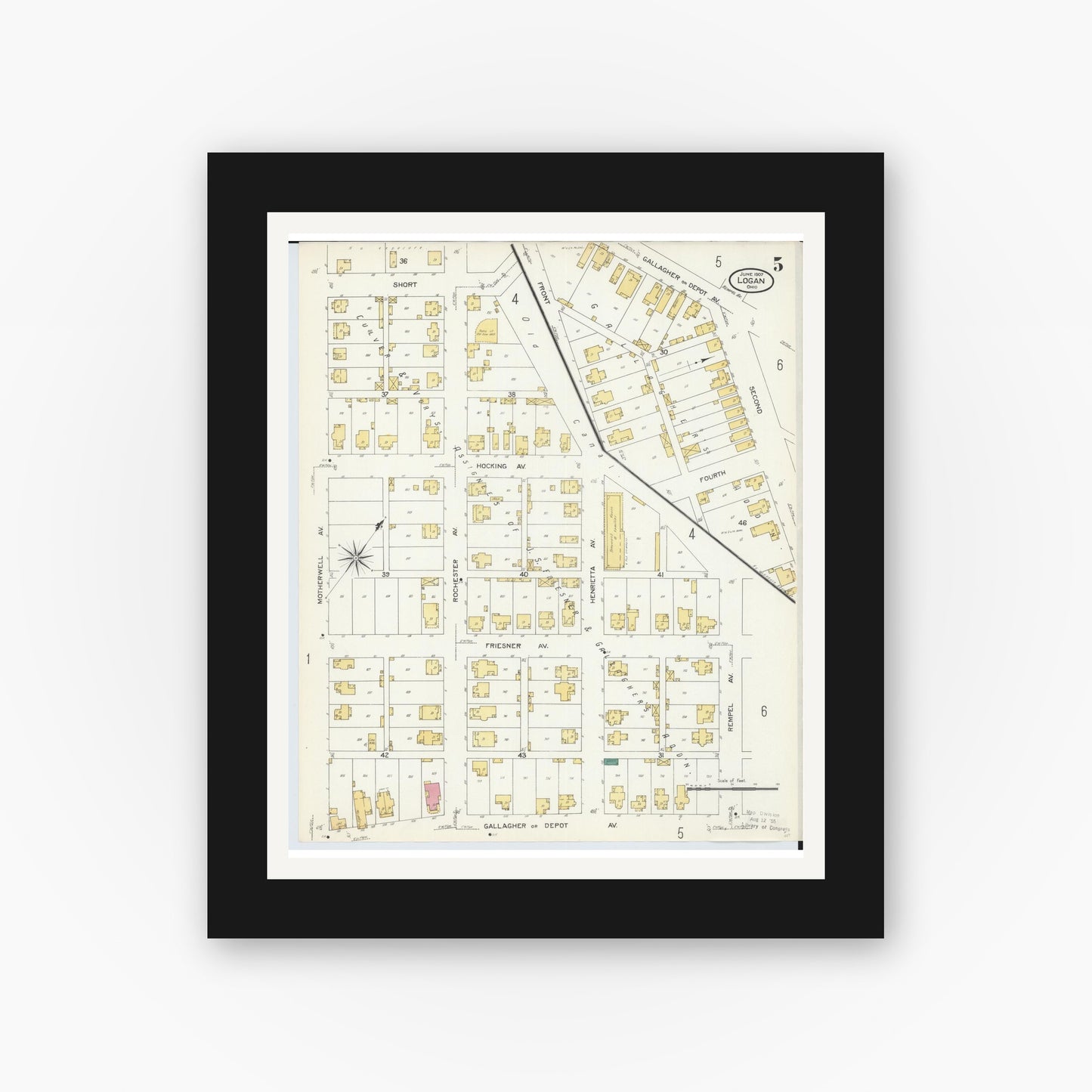 Old map wall art mockup — black gallery frame with white mat — Sanborn Fire Insurance Map from Logan, Hocking County, Ohio (1907), Sheet #0005