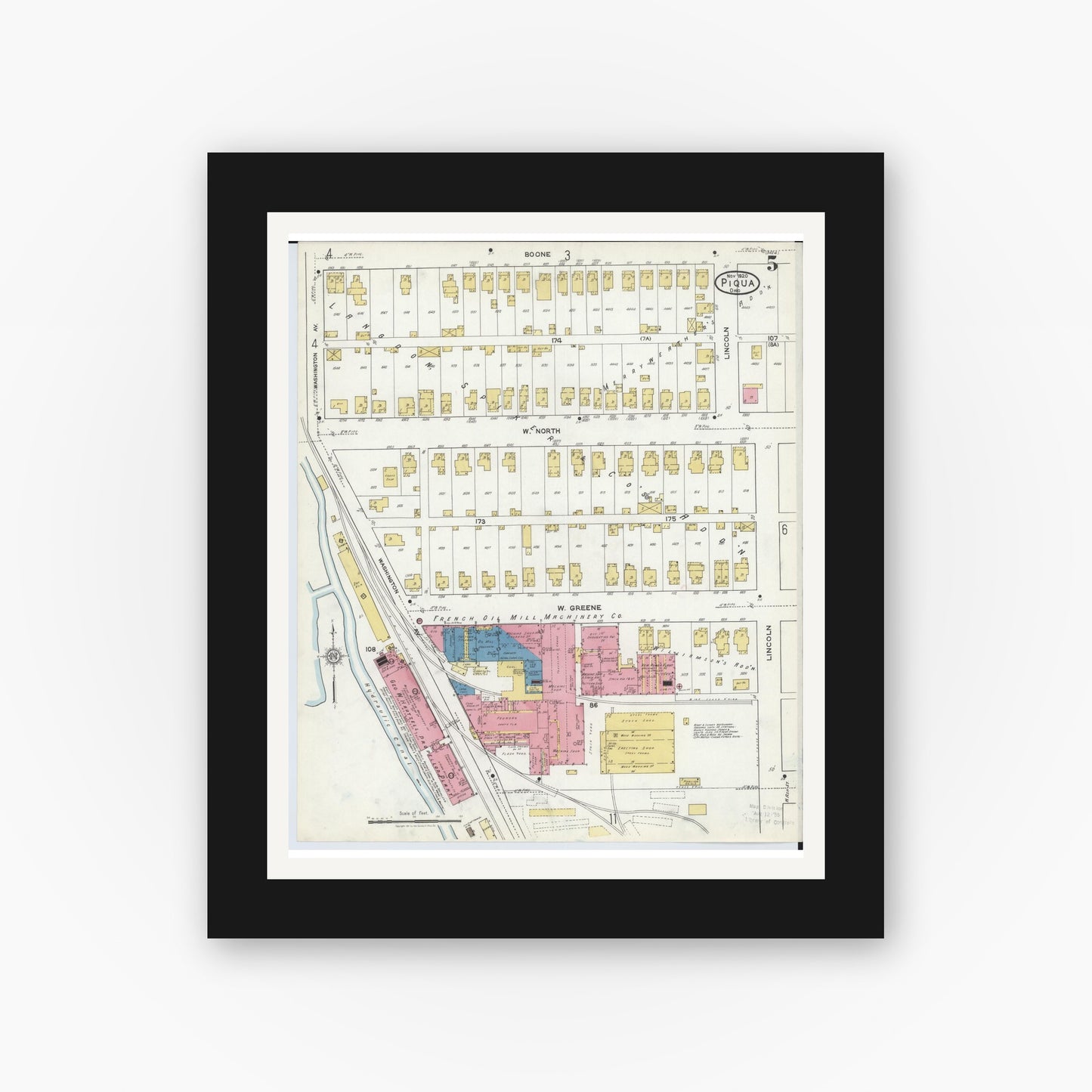 Old map wall art mockup — black gallery frame with white mat — Sanborn Fire Insurance Map from Piqua, Miami County, Ohio (1920), Sheet #0005