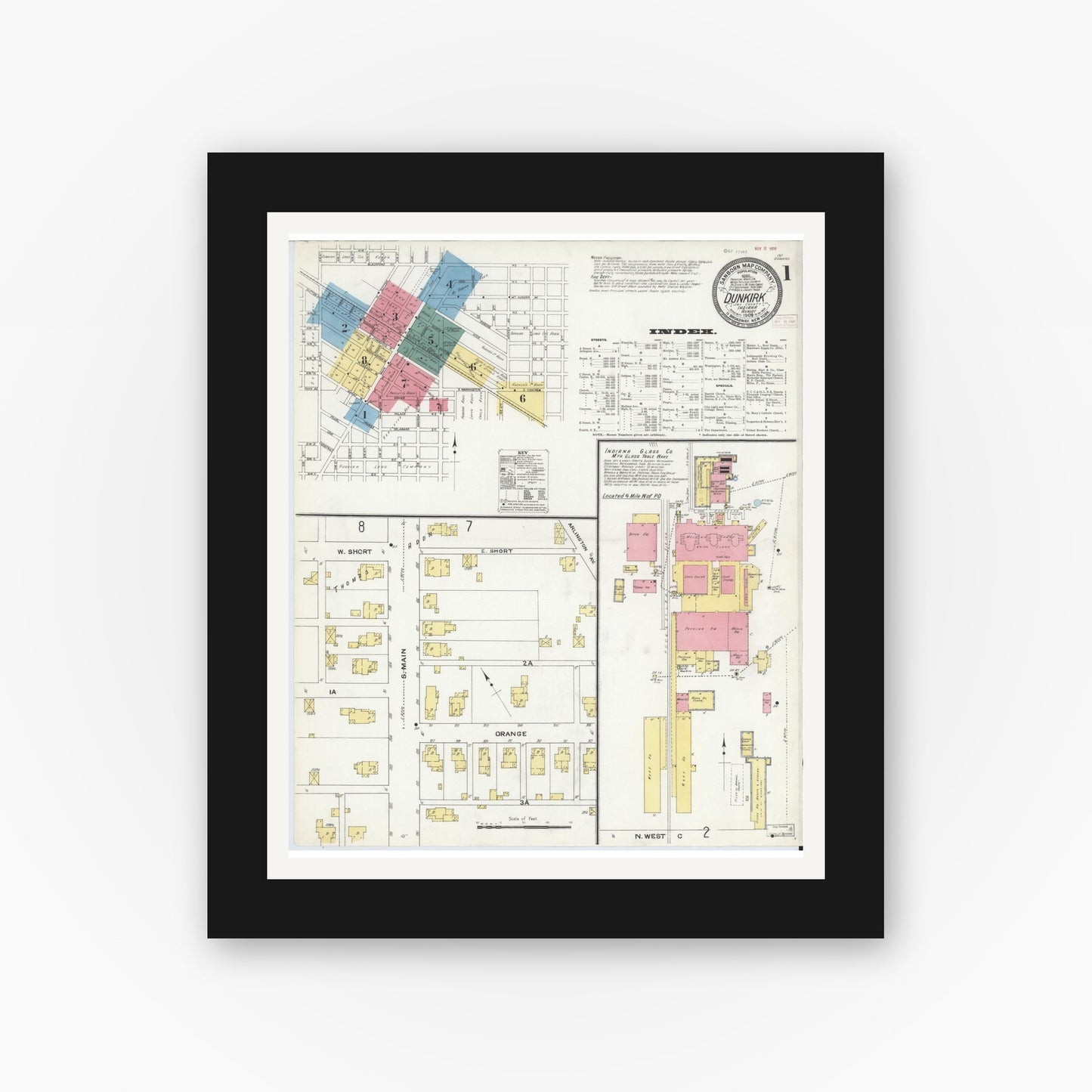 Old map wall art mockup — black gallery frame with white mat — Sanborn Fire Insurance Map from Dunkirk, Jay And Blackford Counties, Indiana (1909) - Complete Map Set