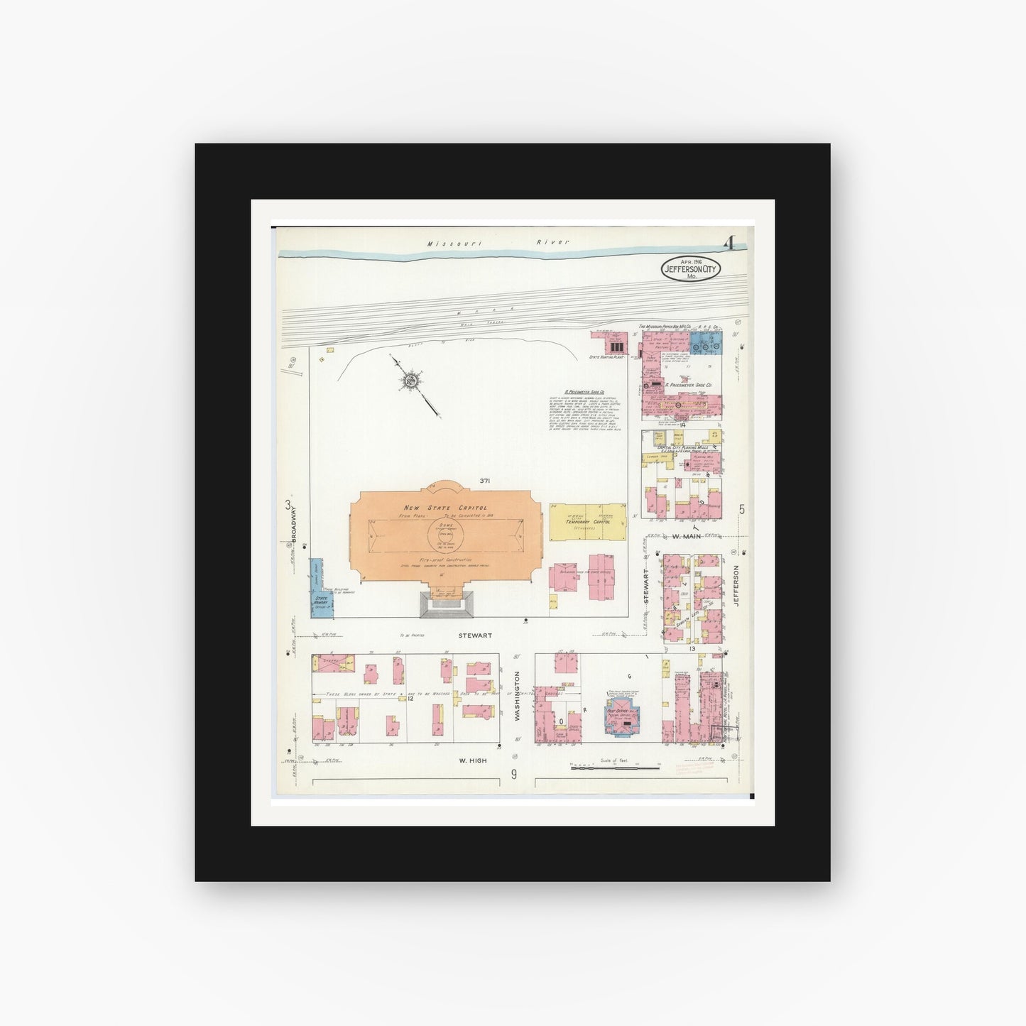 Old map wall art mockup — black gallery frame with white mat — Sanborn Fire Insurance Map from Jefferson City, Cole County, Missouri (1916), Sheet #0004