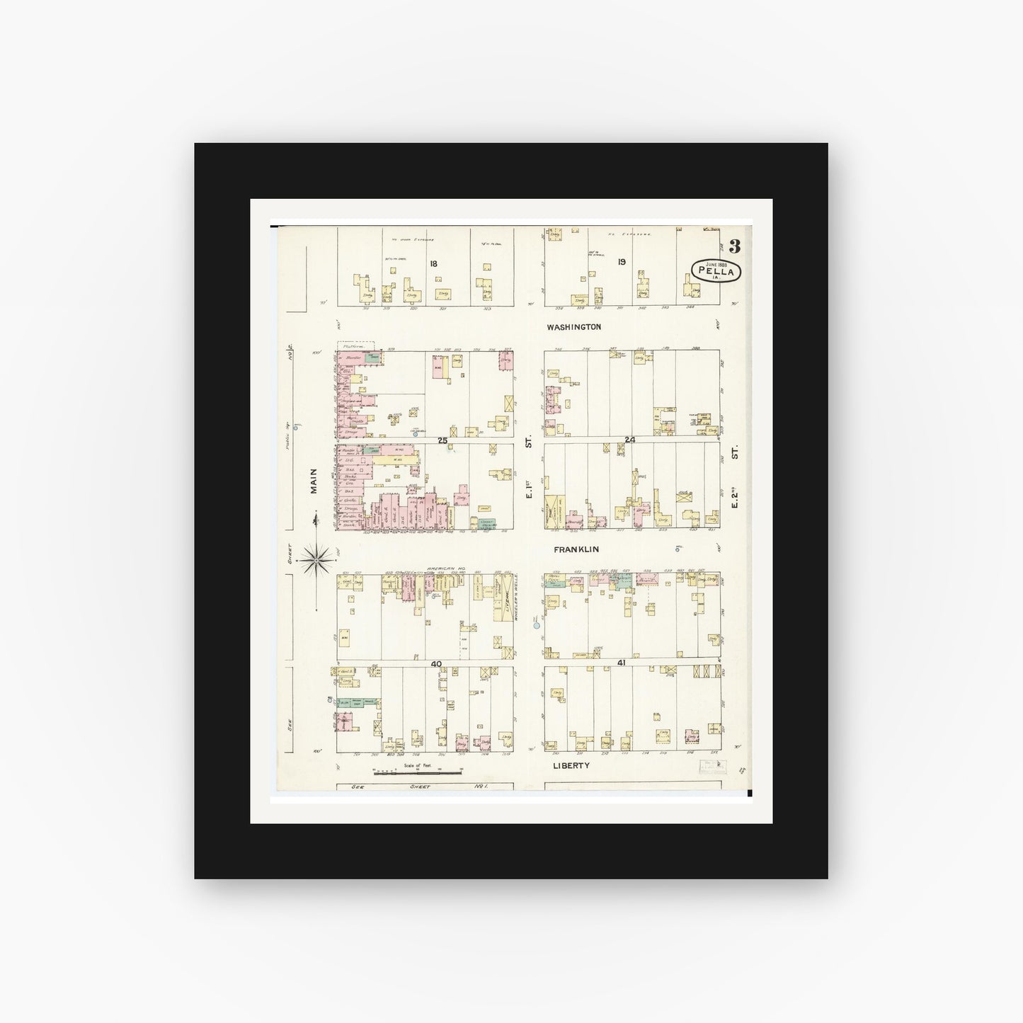 Old map wall art mockup β black gallery frame with white mat β Sanborn Fire Insurance Map from Pella, Marion County, Iowa (1888), Sheet #0003