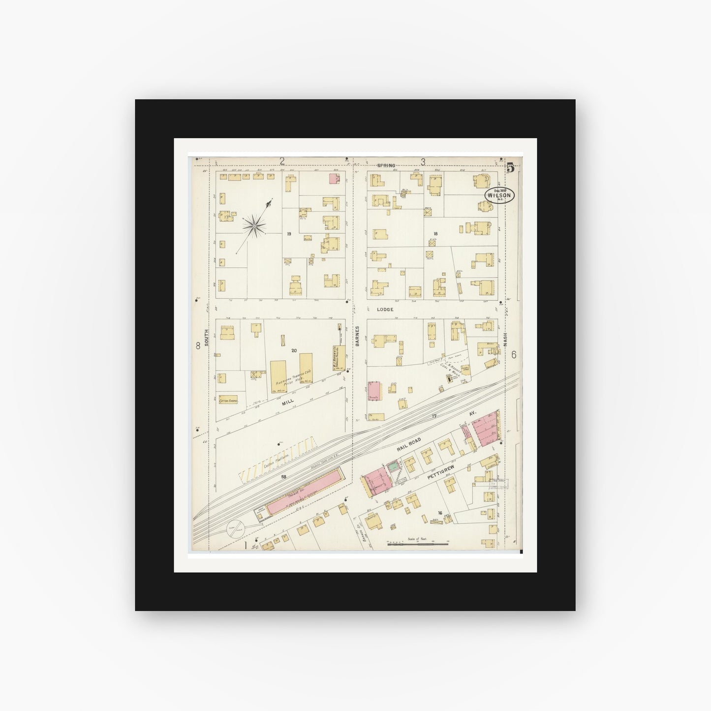 Old map wall art mockup — black gallery frame with white mat — Sanborn Fire Insurance Map from Wilson, Wilson County, North Carolina (1897), Sheet #0005