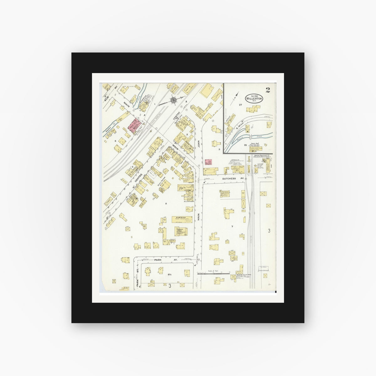 Old map wall art mockup — black gallery frame with white mat — Sanborn Fire Insurance Map from Millerton, Dutchess County, New York (1910), Sheet #0002