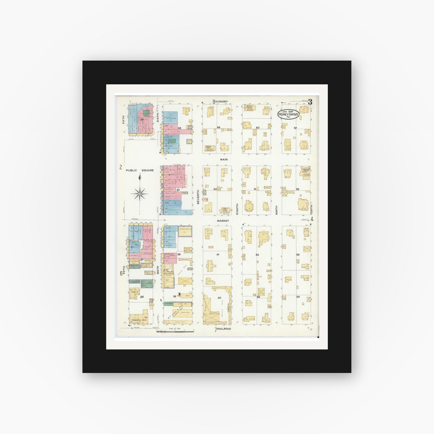 Old map wall art mockup — black gallery frame with white mat — Sanborn Fire Insurance Map from Honey Grove, Fannin County, Texas (1909), Sheet #0003