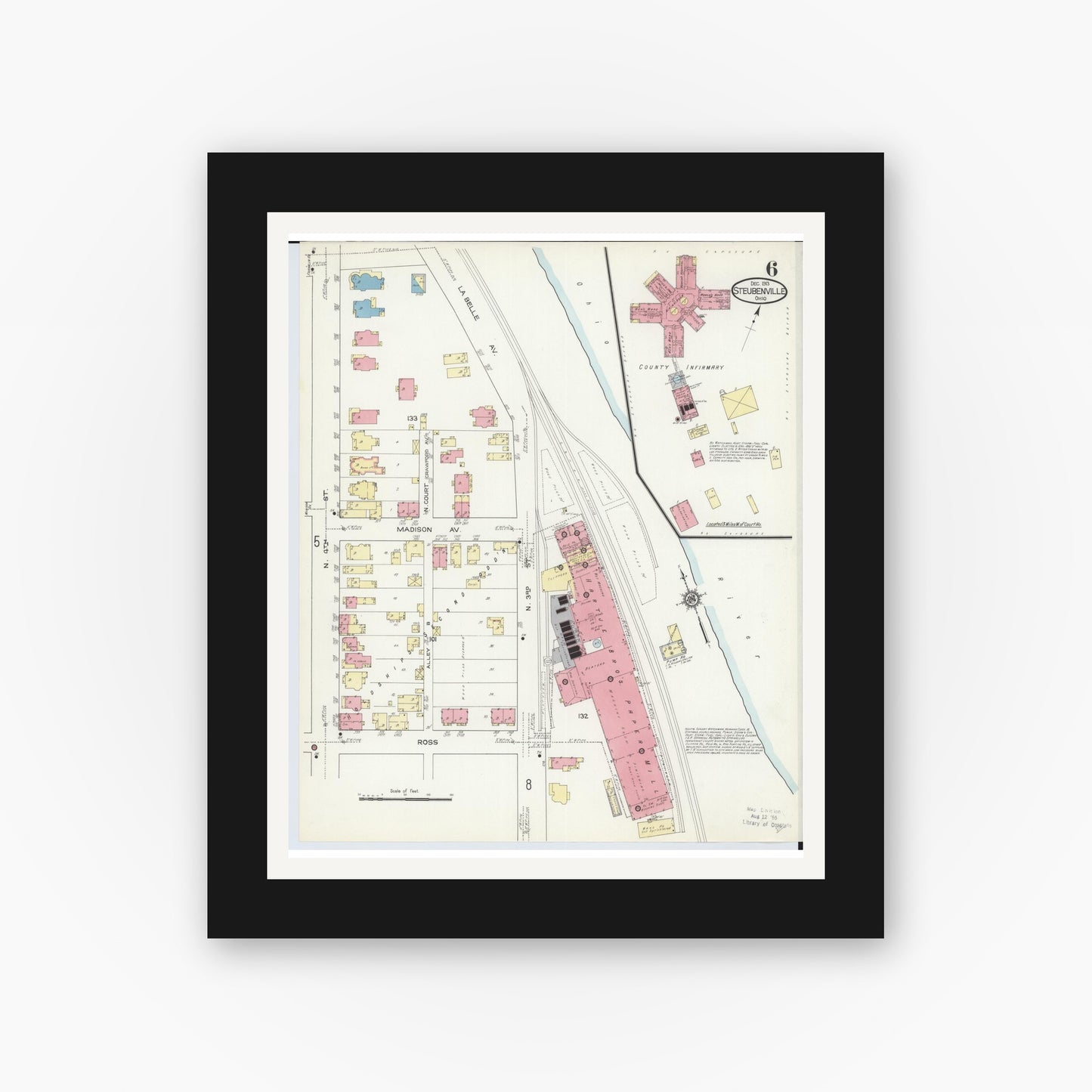 Old map wall art mockup — black gallery frame with white mat — Sanborn Fire Insurance Map from Steubenville, Jefferson County, Ohio (1913), Sheet #0006