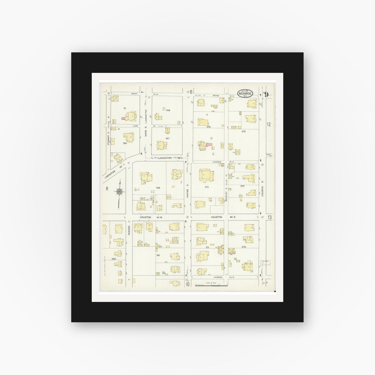 Old map wall art mockup — black gallery frame with white mat — Sanborn Fire Insurance Map from Monroe, Union County, North Carolina (1914), Sheet #0009