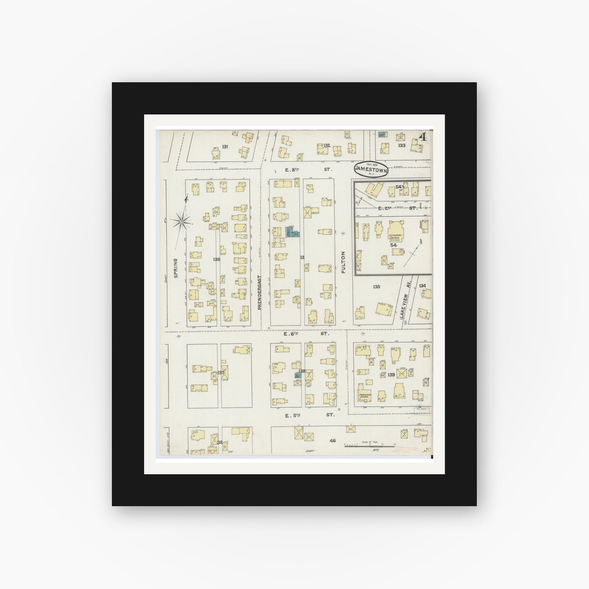 Old map wall art mockup — black gallery frame with white mat — Sanborn Fire Insurance Map from Jamestown, Chautauqua County, New York (1891), Sheet #0004