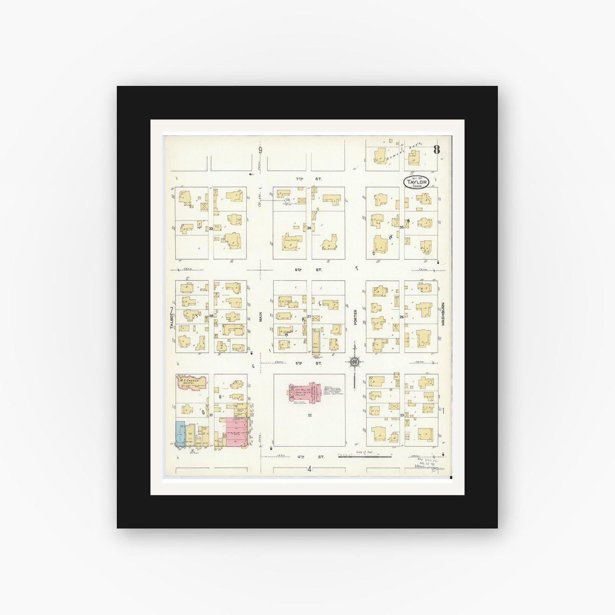 Old map wall art mockup — black gallery frame with white mat — Sanborn Fire Insurance Map from Taylor, Williamson County, Texas (1912), Sheet #0008