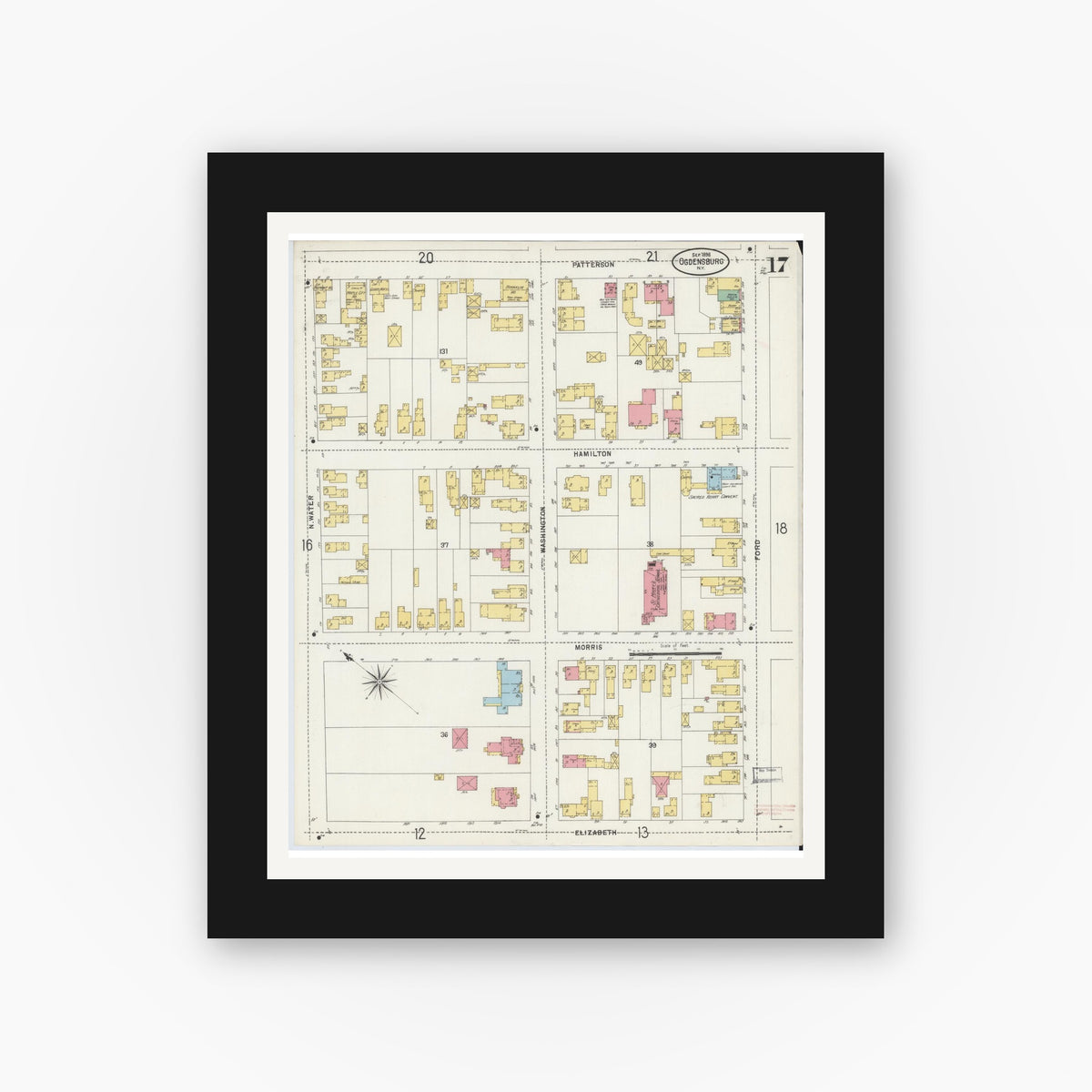 Old map wall art mockup — black gallery frame with white mat — Sanborn Fire Insurance Map from Ogdensburg, St. Lawrence County, New York (1898), Sheet #0017