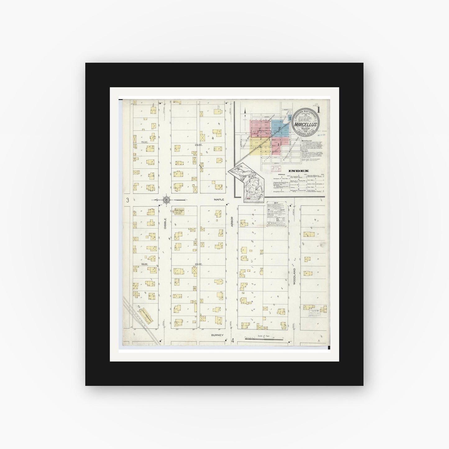 Old map wall art mockup — black gallery frame with white mat — Sanborn Fire Insurance Map from Marcellus, Cass County, Michigan (1914) - Complete Map Set