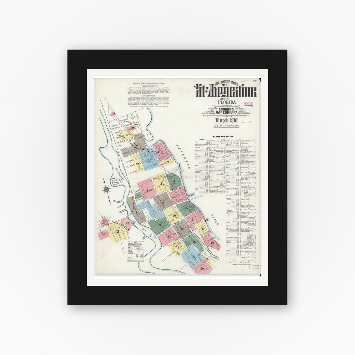 Old map wall art mockup — black gallery frame with white mat — Sanborn Fire Insurance Map from Saint Augustine, Saint John's County, Florida (1910), Sheet #0001