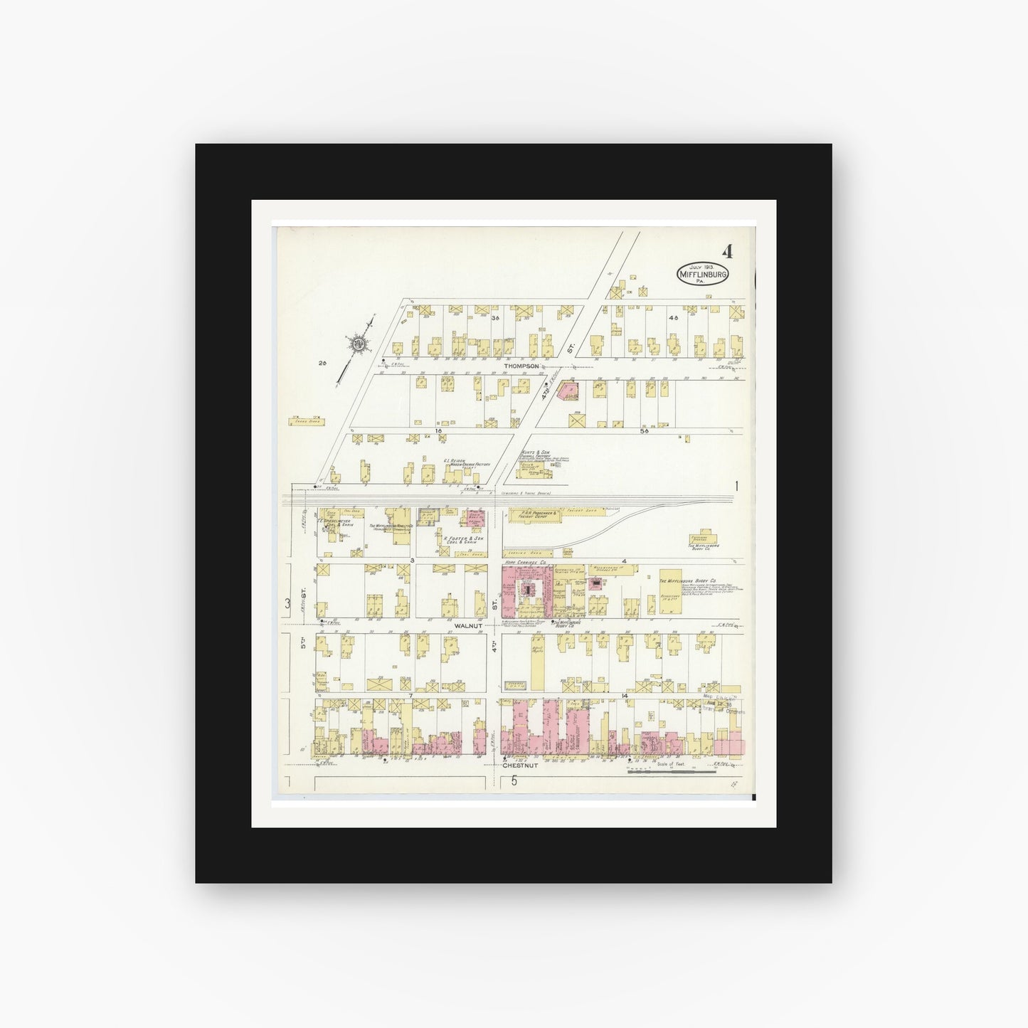 Old map wall art mockup — black gallery frame with white mat — Sanborn Fire Insurance Map from Mifflinburg, Union County, Pennsylvania (1913), Sheet #0004