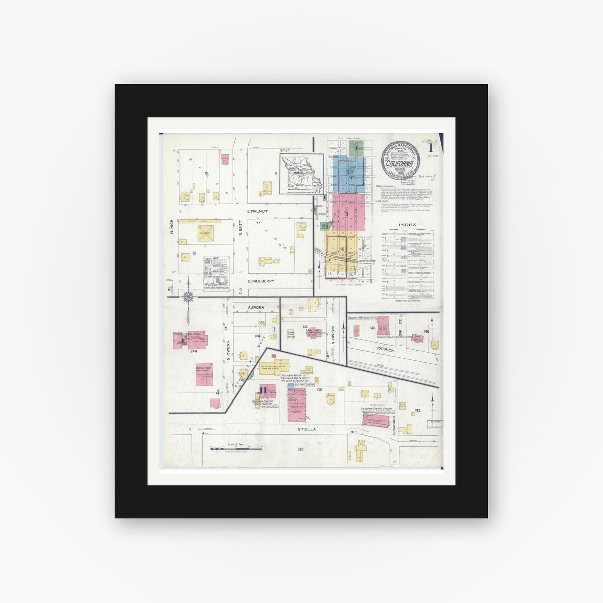 Old map wall art mockup — black gallery frame with white mat — Sanborn Fire Insurance Map from California, Moniteau County, Missouri (1917) - Complete Map Set