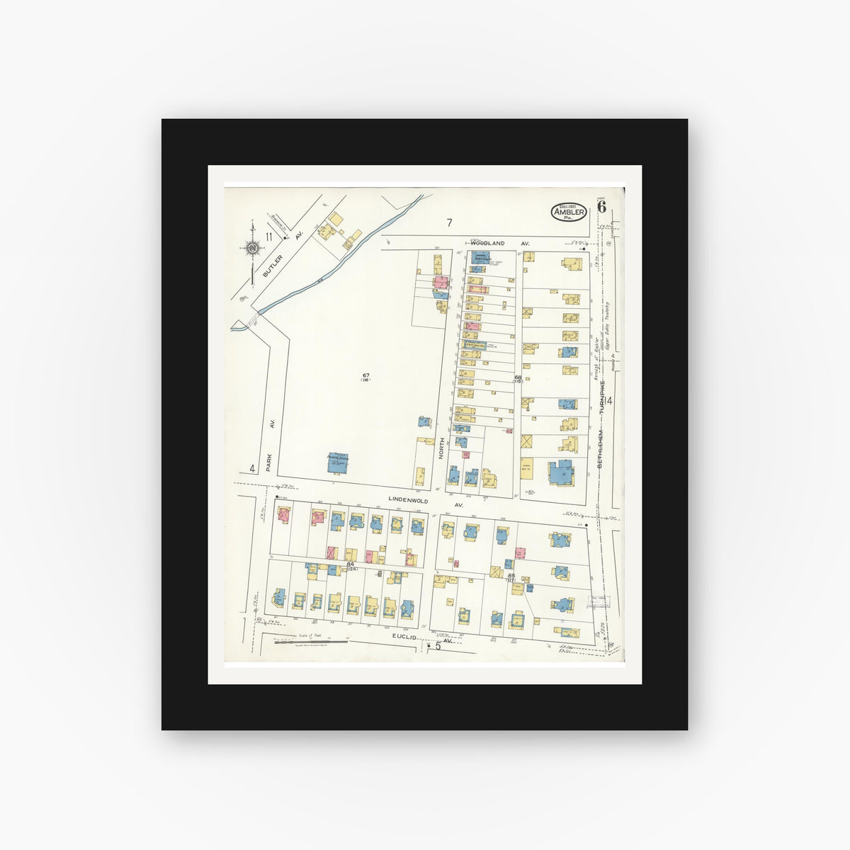 Old map wall art mockup β black gallery frame with white mat β Sanborn Fire Insurance Map from Ambler, Montgomery County, Pennsylvania (1921), Sheet #0006