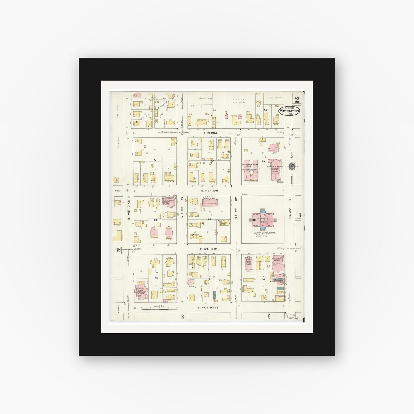 Old map wall art mockup — black gallery frame with white mat — Sanborn Fire Insurance Map from Washington, Daviess County, Indiana (1909), Sheet #0002