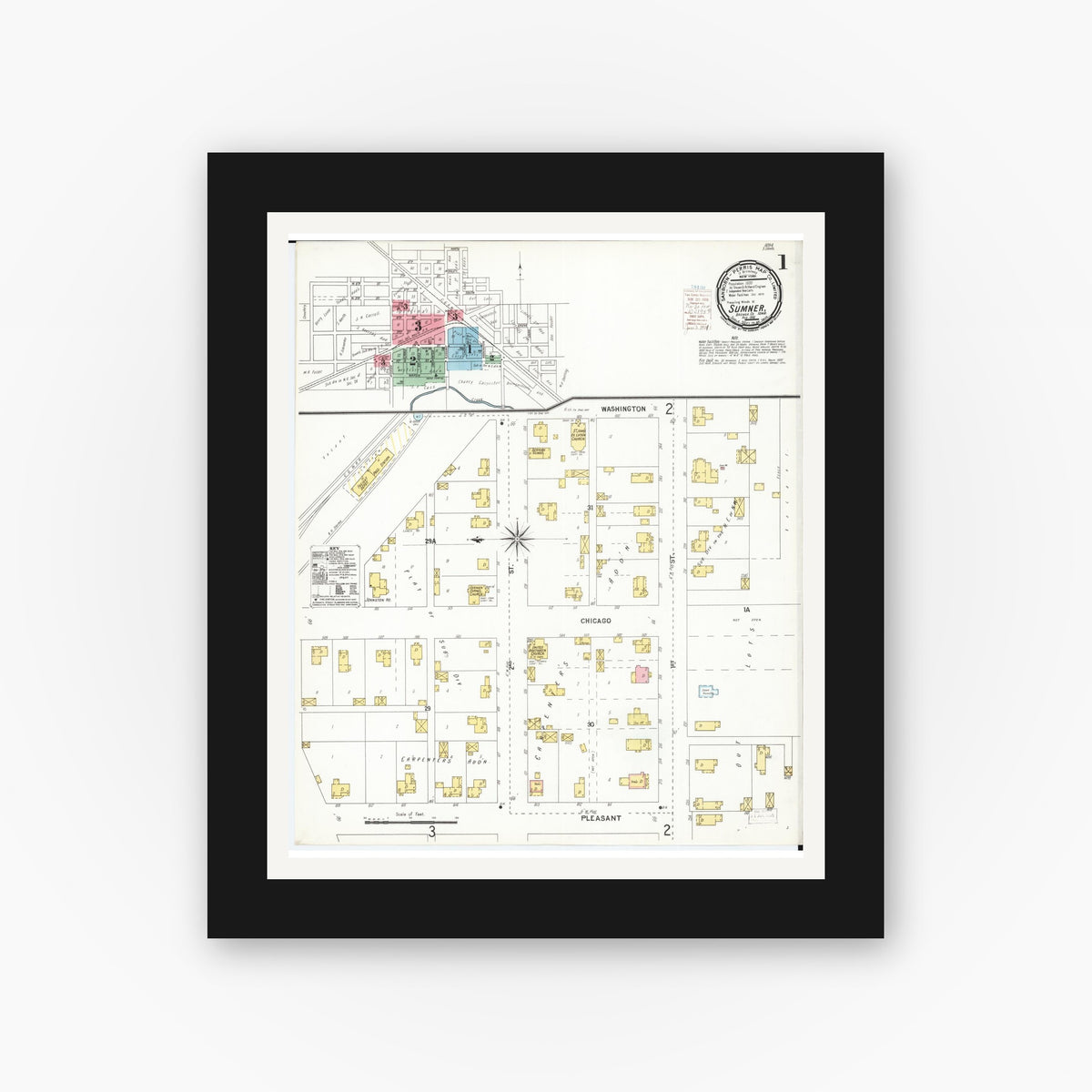 Old map wall art mockup — black gallery frame with white mat — Sanborn Fire Insurance Map from Sumner, Bremer County, Iowa (1900) — Complete Set