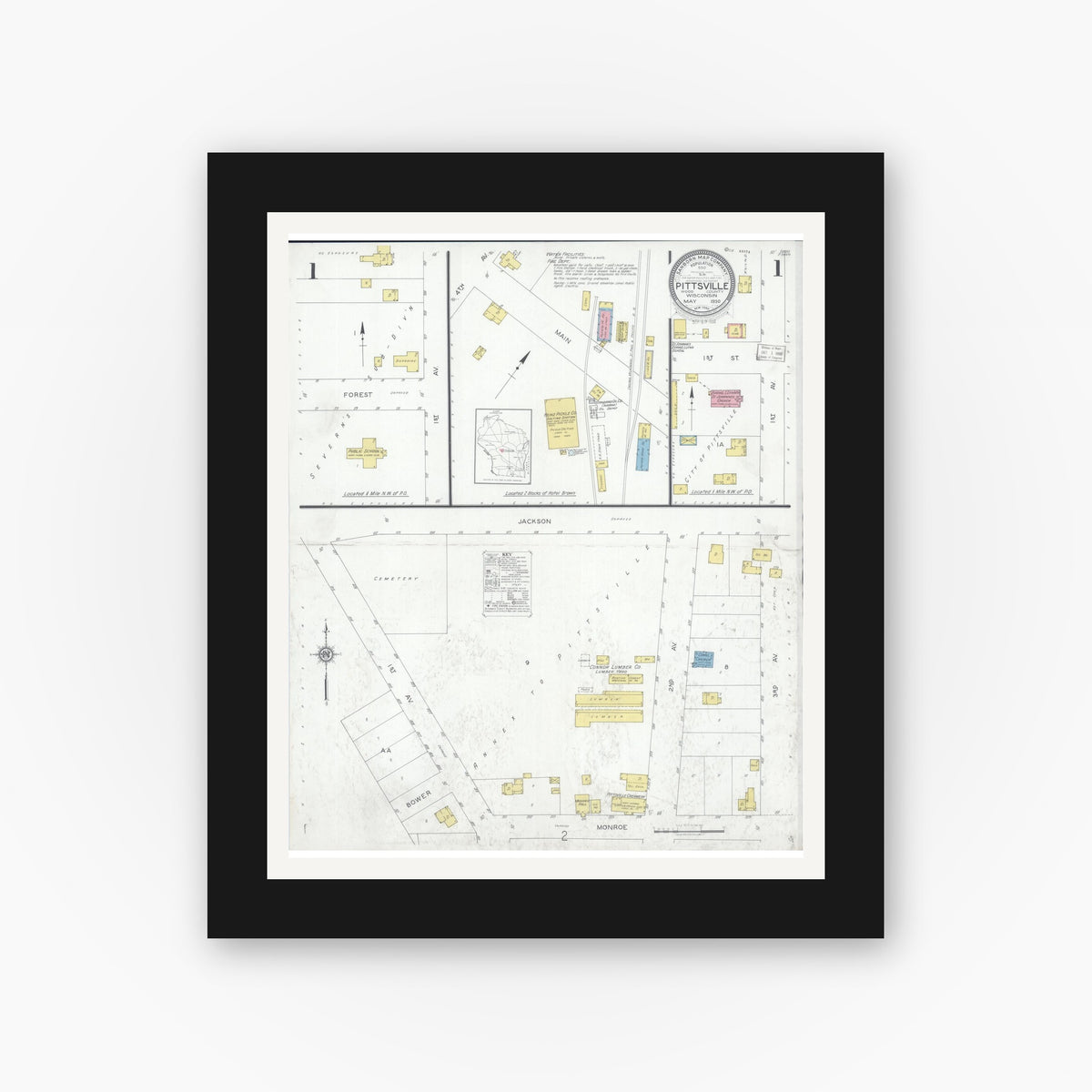 Old map wall art mockup — black gallery frame with white mat — Sanborn Fire Insurance Map from Pittsville, Wood County, Wisconsin (1930), Sheet #0001