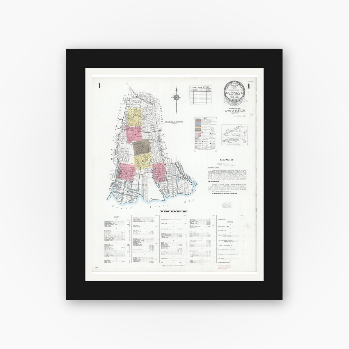 Old map wall art mockup — black gallery frame with white mat — Sanborn Fire Insurance Map from Copiague, Suffolk County, New York (1948) - Complete Map Set