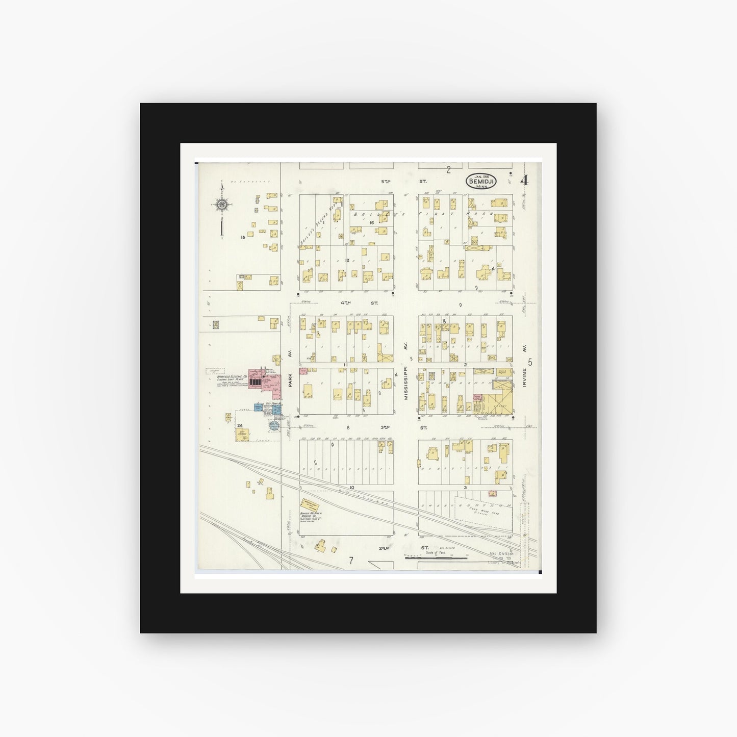 Old map wall art mockup — black gallery frame with white mat — Sanborn Fire Insurance Map from Bemidji, Beltrami County, Minnesota (1916), Sheet #0004
