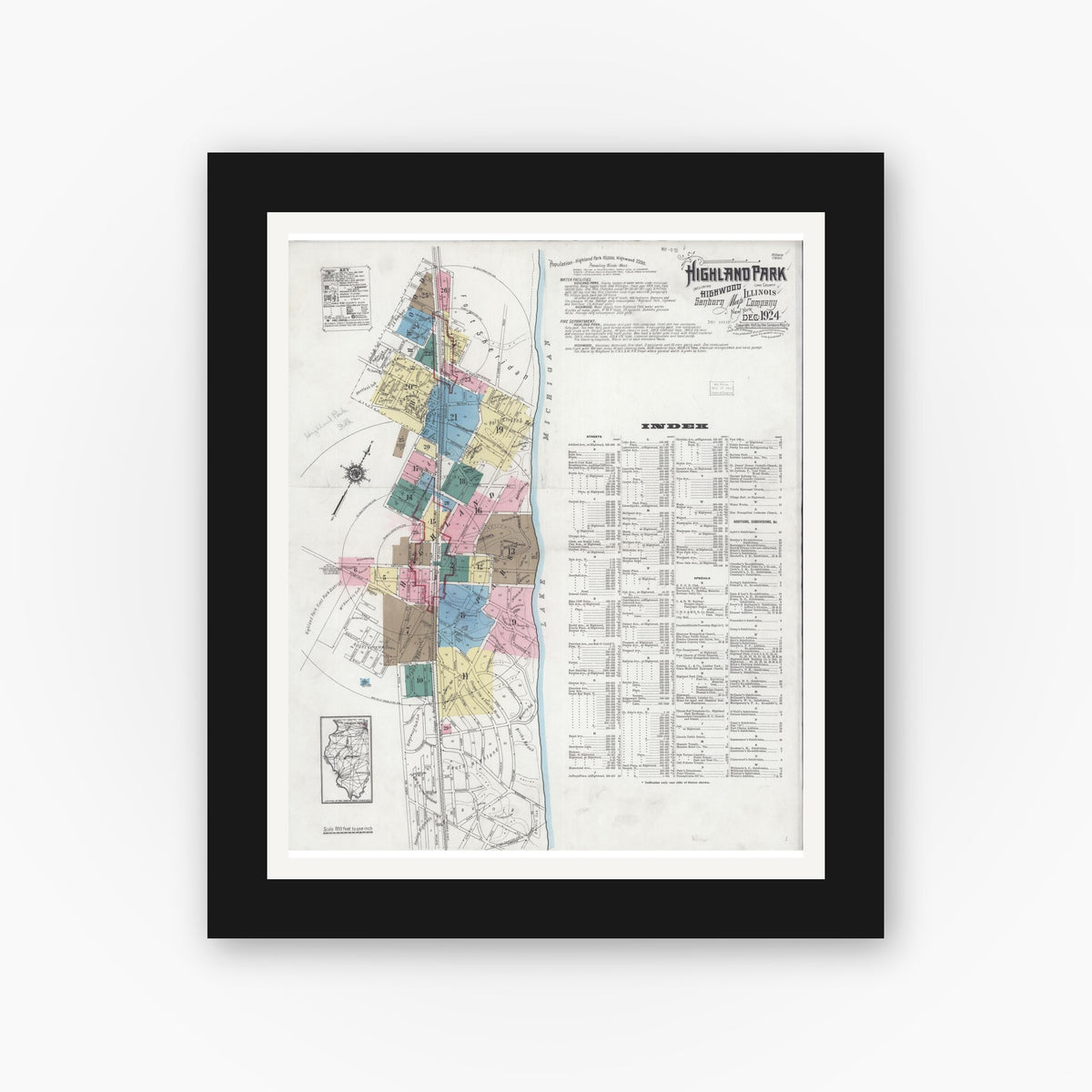 Old map wall art mockup — black gallery frame with white mat — Sanborn Fire Insurance Map from Highland Park, Lake County, Illinois (1924), Sheet #0001