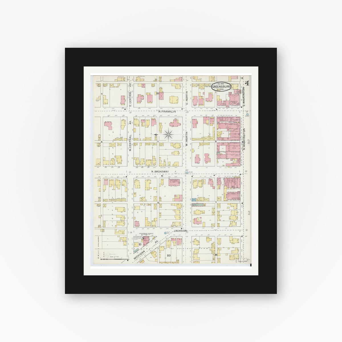 Old map wall art mockup β black gallery frame with white mat β Sanborn Fire Insurance Map from Greensburg, Decatur County, Indiana (1897), Sheet #0004