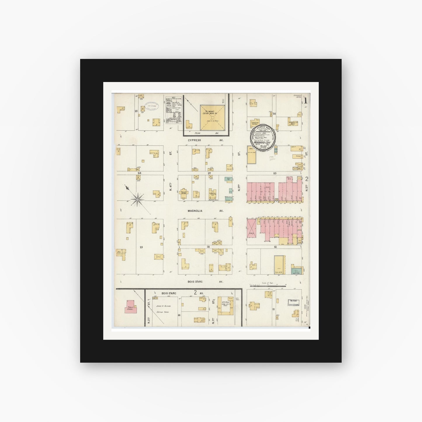 Old map wall art mockup — black gallery frame with white mat — Sanborn Fire Insurance Map from Hubbard, Hill County, Texas (1898), Sheet #0001
