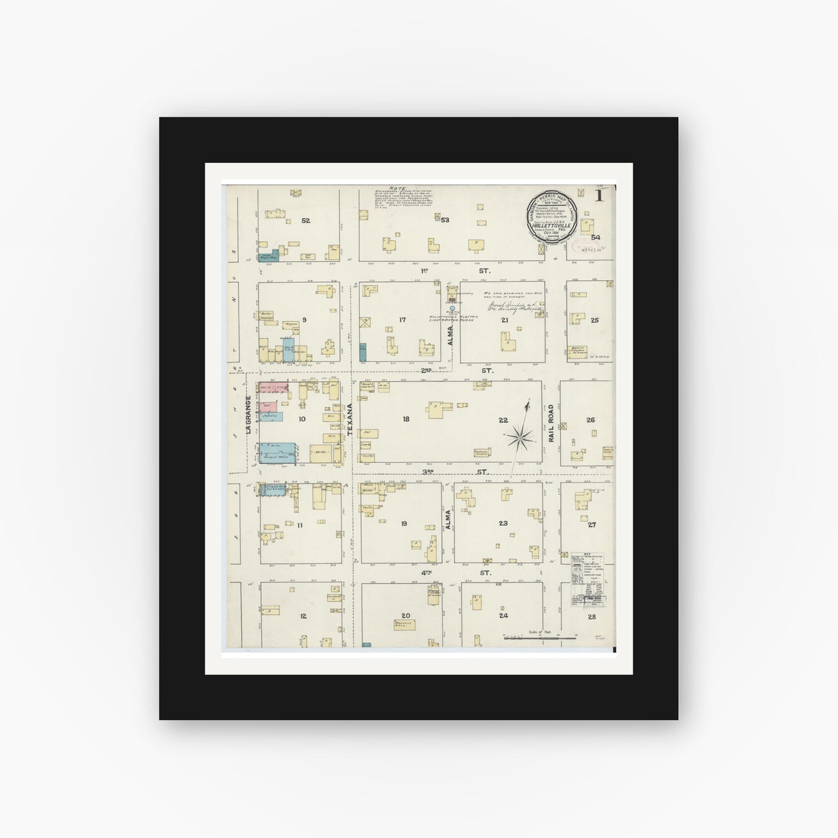 Old map wall art mockup — black gallery frame with white mat — Sanborn Fire Insurance Map from Hallettsville, Lavaca County, Texas (1891) - Complete Map Set