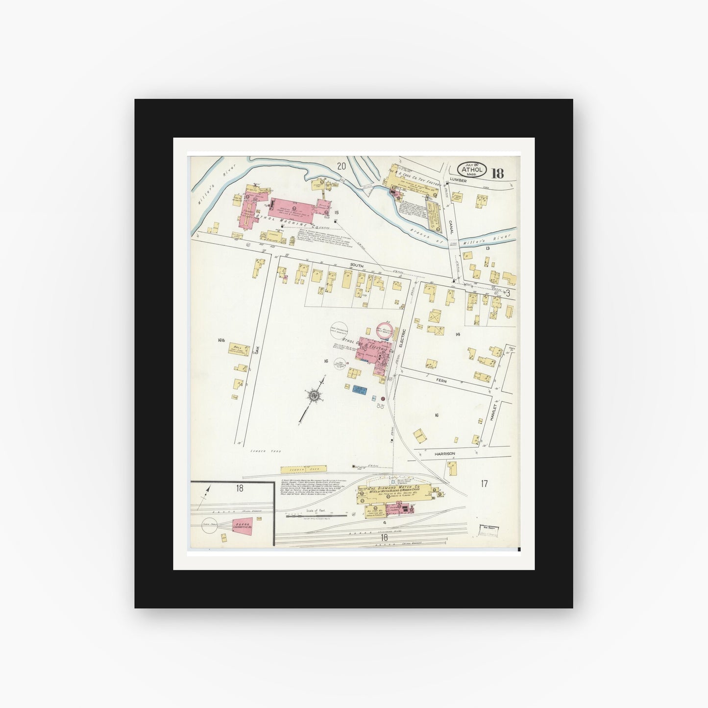 Old map wall art mockup — black gallery frame with white mat — Sanborn Fire Insurance Map from Athol, Worcester County, Massachusetts (1917), Sheet #0018