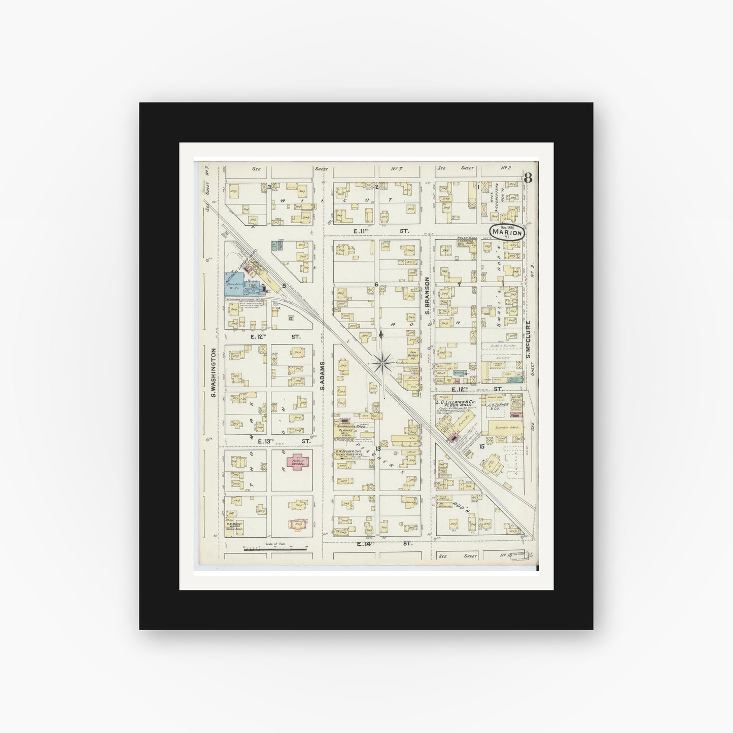 Old map wall art mockup — black gallery frame with white mat — Sanborn Fire Insurance Map from Marion, Grant County, Indiana (1890), Sheet #0008