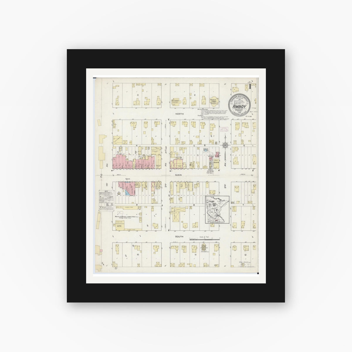 Old map wall art mockup — black gallery frame with white mat — Sanborn Fire Insurance Map from Amboy, Blue Earth County, Minnesota (1914) - Complete Map Set