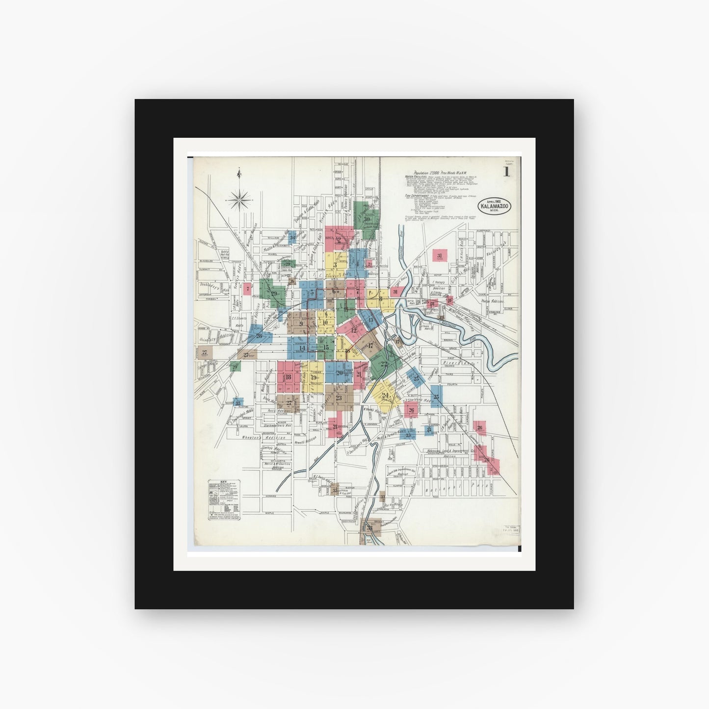 Old map wall art mockup — black gallery frame with white mat — Sanborn Fire Insurance Map from Kalamazoo, Kalamazoo County, Michigan (1902) - Complete Map Set