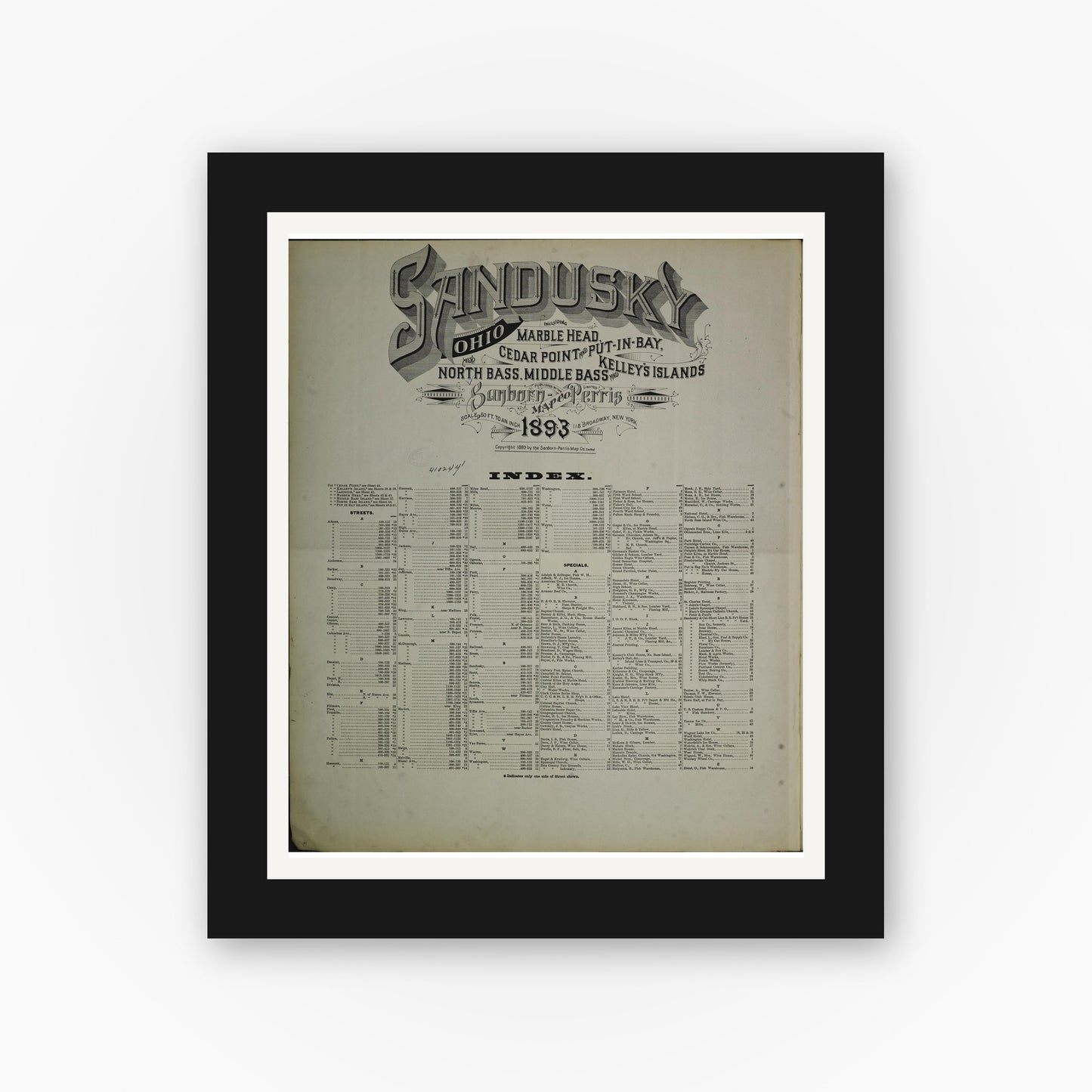 Old map wall art mockup — black gallery frame with white mat — Sanborn Fire Insurance Map from Sandusky, Erie County, Ohio (1893), Sheet #0001