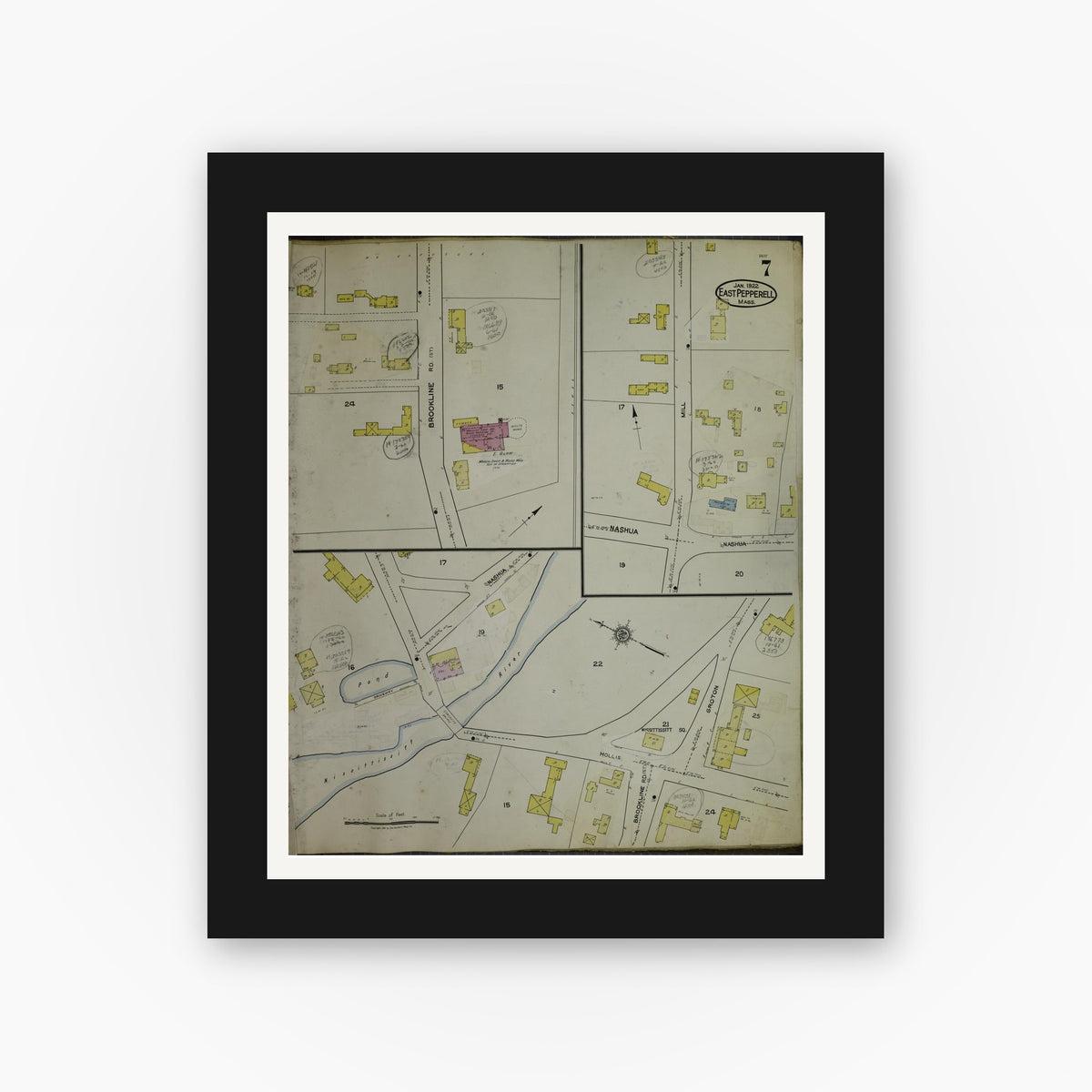 Old map wall art mockup — black gallery frame with white mat — Sanborn Fire Insurance Map from East Pepperell, Middlesex County, Massachusetts (1953), Sheet #0007